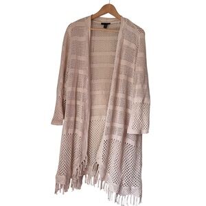 H by Halston Beige Textured Knit Cardigan Size 1X Fringe Hem Open Front Sweater